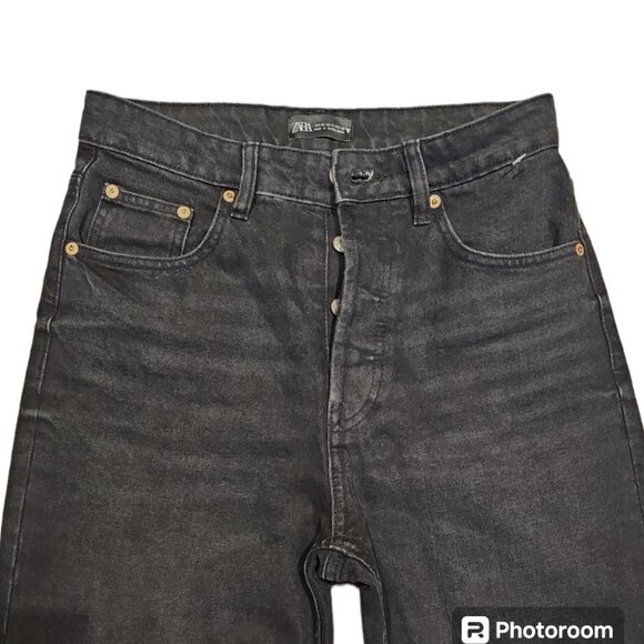 ZARA Straight Leg Jeans High Rise Raw Hem Cropped Washed Black Size US6 - Picture 6 of 9